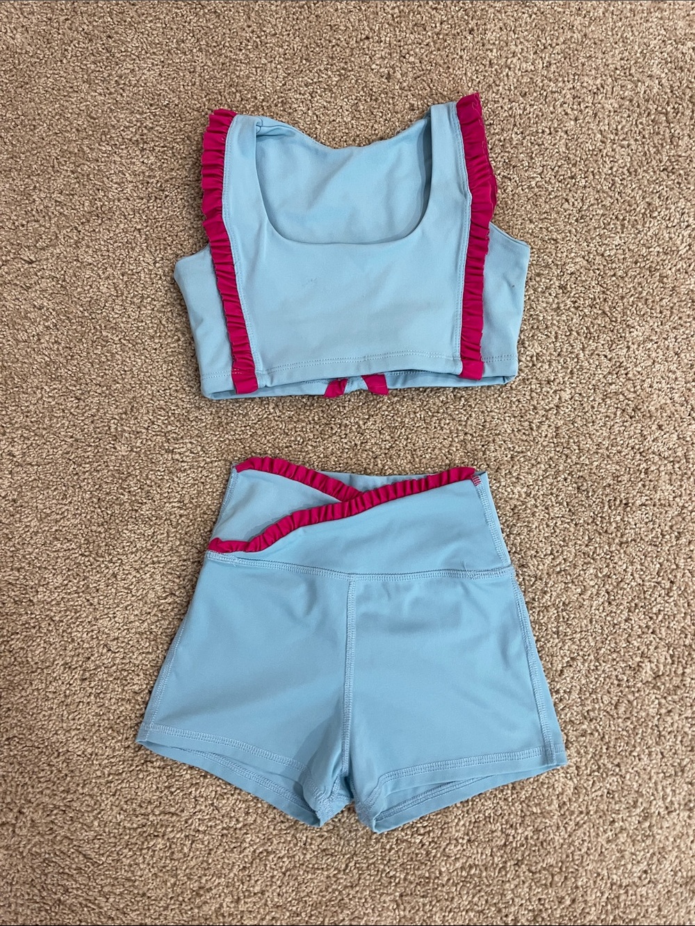 Tiger Friday Sky Blue Crop Top & High-Waist Shorts with Pink Ruffle Trim